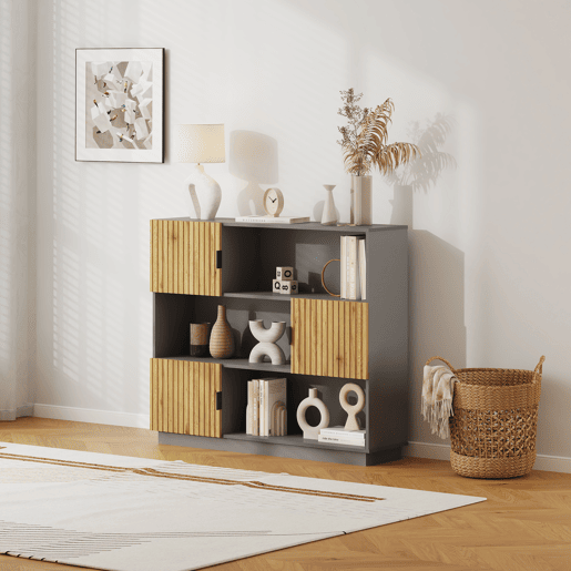 Estante de livros Verhundar com 3 portas 102x120x30 cm Cinzento Madeira en.casa Estante de livros Verhundar com 3 portas 102x120x30 cm Cinzento Madeira en.casa