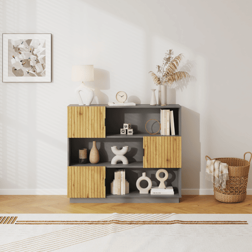 Estante de livros Verhundar com 3 portas 102x120x30 cm Cinzento Madeira en.casa Estante de livros Verhundar com 3 portas 102x120x30 cm Cinzento Madeira en.casa