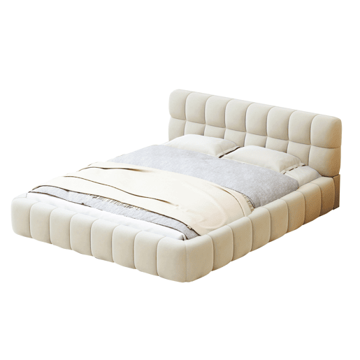 Cama estofada 140x190 cm em tecido de linho com cabeceira acolchoada e estrado de ripas, Cama de casal, bege Cama estofada 140x190 cm em tecido de linho com cabeceira acolchoada e estrado de ripas, Cama de casal, bege