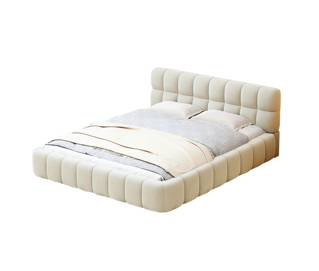 Cama tapizada 140x190 cm de lino con cabecero acolchado y somier de láminas, cama doble, beige