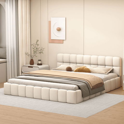 Cama estofada 140x190 cm em tecido de linho com cabeceira acolchoada e estrado de ripas, Cama de casal, bege Cama estofada 140x190 cm em tecido de linho com cabeceira acolchoada e estrado de ripas, Cama de casal, bege