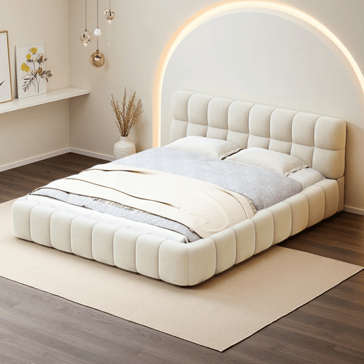 Cama estofada 140x190 cm em tecido de linho com cabeceira acolchoada e estrado de ripas, Cama de casal, bege Cama estofada 140x190 cm em tecido de linho com cabeceira acolchoada e estrado de ripas, Cama de casal, bege