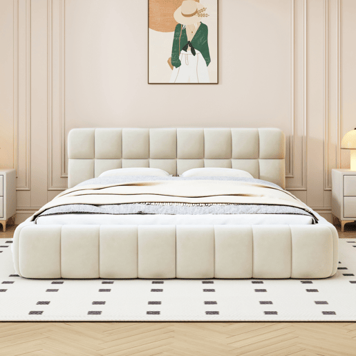 Cama estofada 140x190 cm em tecido de linho com cabeceira acolchoada e estrado de ripas, Cama de casal, bege Cama estofada 140x190 cm em tecido de linho com cabeceira acolchoada e estrado de ripas, Cama de casal, bege