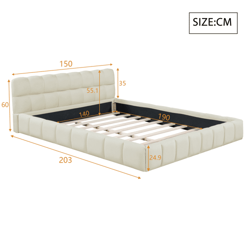 Cama estofada 140x190 cm em tecido de linho com cabeceira acolchoada e estrado de ripas, Cama de casal, bege Cama estofada 140x190 cm em tecido de linho com cabeceira acolchoada e estrado de ripas, Cama de casal, bege