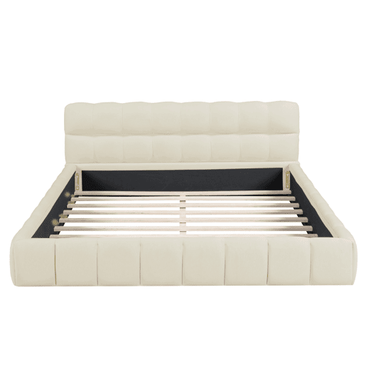 Cama estofada 140x190 cm em tecido de linho com cabeceira acolchoada e estrado de ripas, Cama de casal, bege Cama estofada 140x190 cm em tecido de linho com cabeceira acolchoada e estrado de ripas, Cama de casal, bege