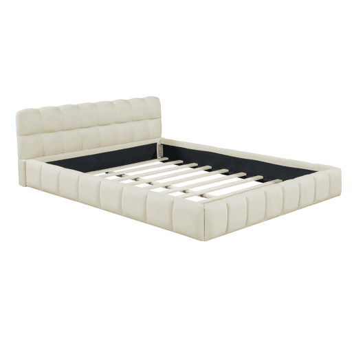 Cama estofada 140x190 cm em tecido de linho com cabeceira acolchoada e estrado de ripas, Cama de casal, bege Cama estofada 140x190 cm em tecido de linho com cabeceira acolchoada e estrado de ripas, Cama de casal, bege