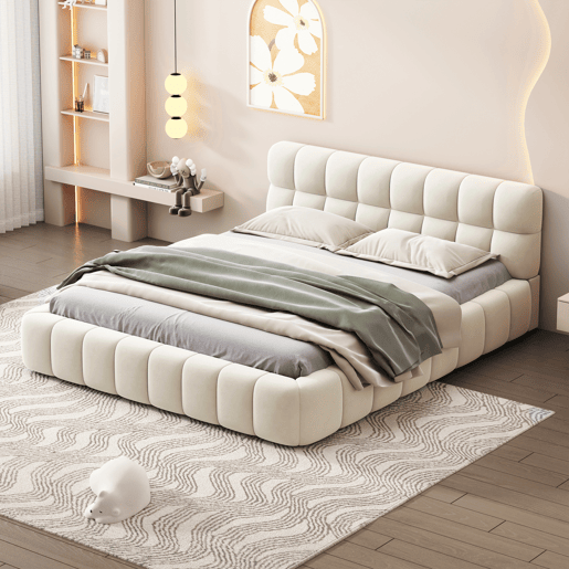 Cama estofada 140x190 cm em tecido de linho com cabeceira acolchoada e estrado de ripas, Cama de casal, bege Cama estofada 140x190 cm em tecido de linho com cabeceira acolchoada e estrado de ripas, Cama de casal, bege