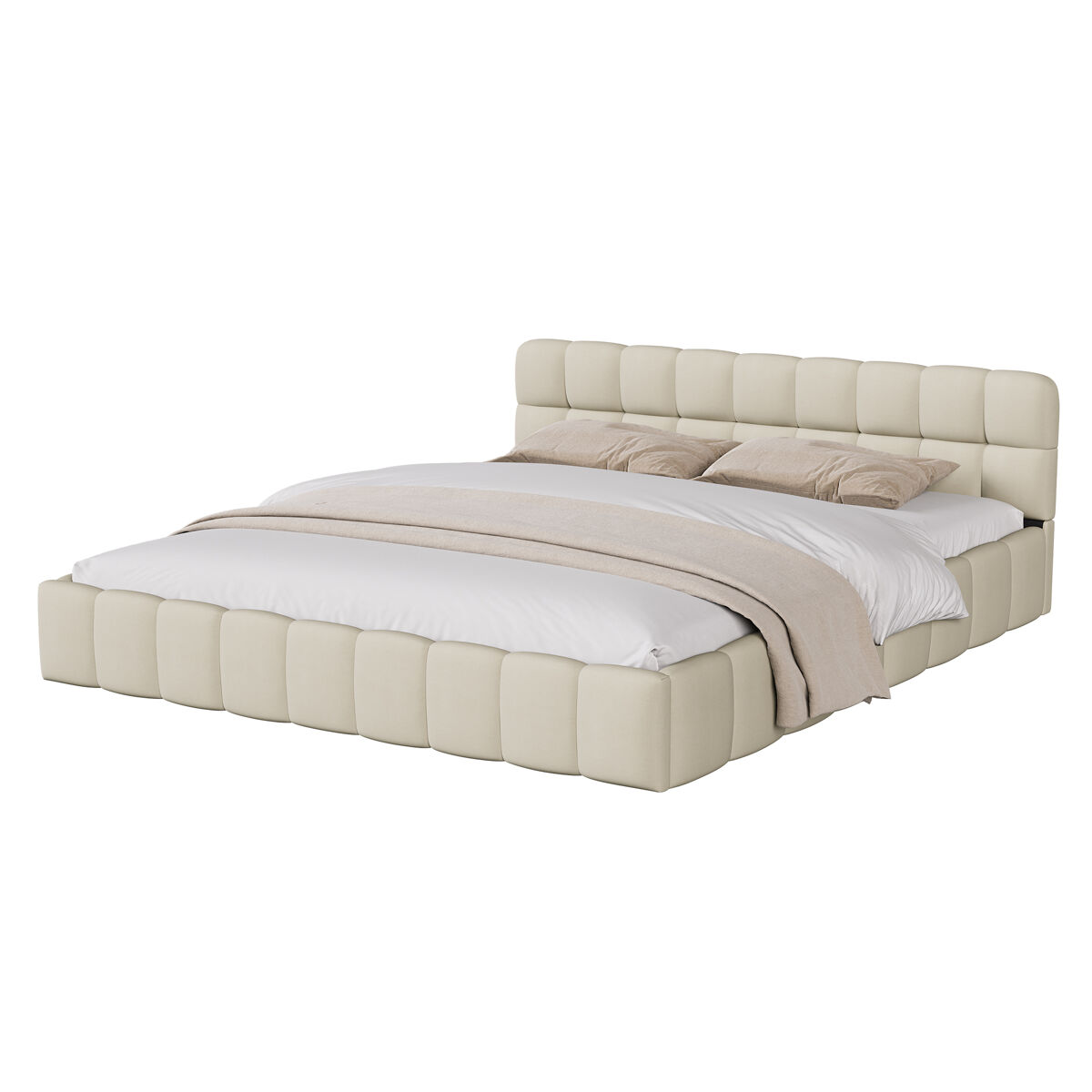 Cama tapizada 160x200 cm de lino con cabecero acolchado y somier de láminas, cama doble, beige