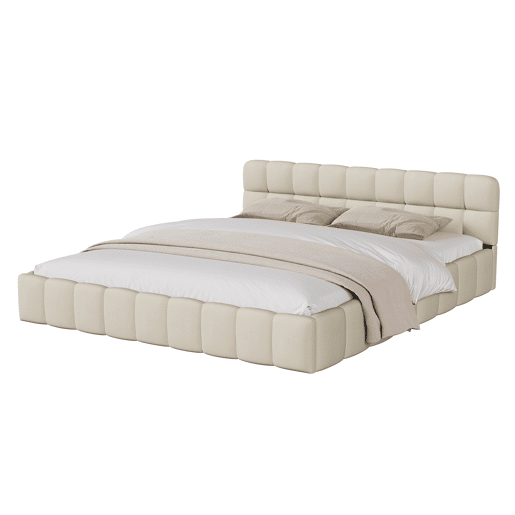 Cama estofada 160x200 cm em tecido de linho com cabeceira acolchoada e estrado de ripas, Cama de casal, bege