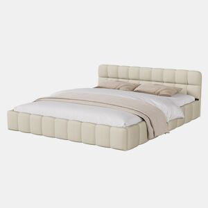Cama estofada 160x200 cm em tecido de linho com cabeceira acolchoada e estrado de ripas, Cama de casal, bege