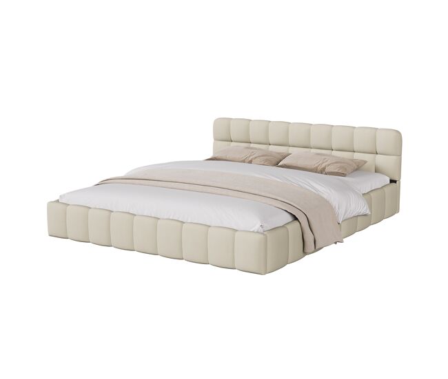 Cama tapizada 160x200 cm de lino con cabecero acolchado y somier de láminas, cama doble, beige