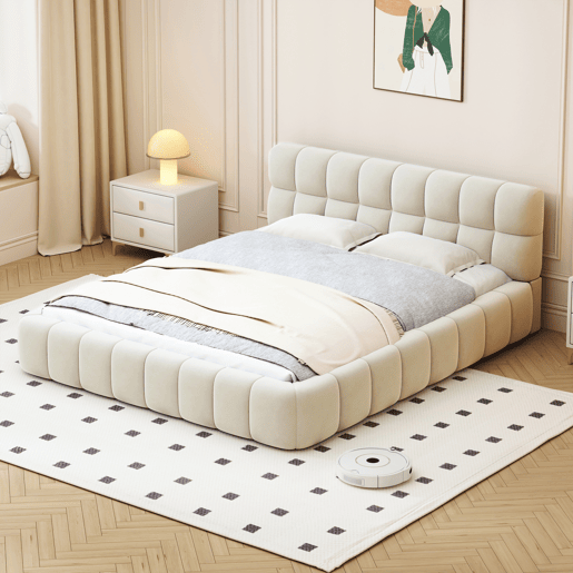 Cama estofada 160x200 cm em tecido de linho com cabeceira acolchoada e estrado de ripas, Cama de casal, bege