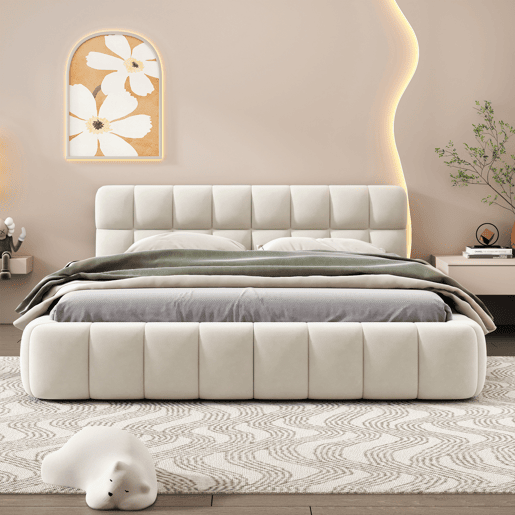 Cama estofada 160x200 cm em tecido de linho com cabeceira acolchoada e estrado de ripas, Cama de casal, bege