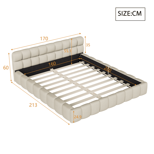 Cama estofada 160x200 cm em tecido de linho com cabeceira acolchoada e estrado de ripas, Cama de casal, bege