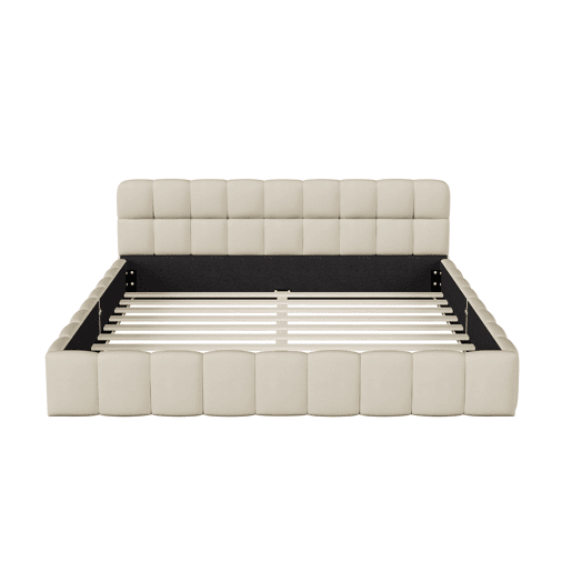 Cama estofada 160x200 cm em tecido de linho com cabeceira acolchoada e estrado de ripas, Cama de casal, bege