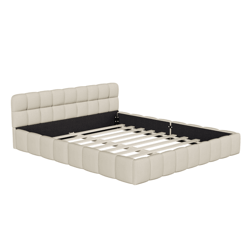 Cama estofada 160x200 cm em tecido de linho com cabeceira acolchoada e estrado de ripas, Cama de casal, bege