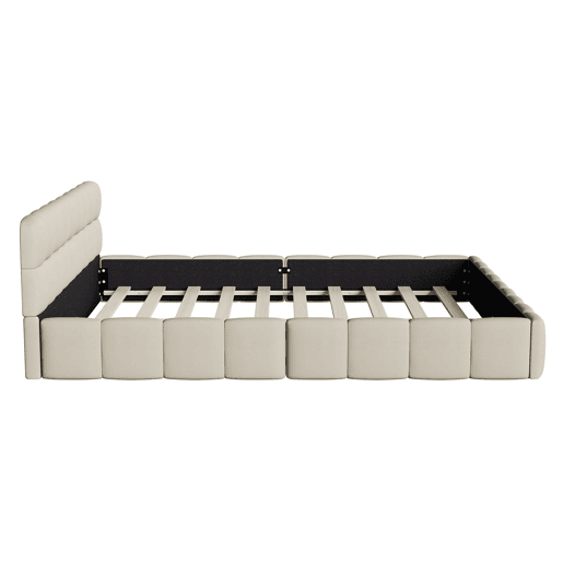 Cama estofada 160x200 cm em tecido de linho com cabeceira acolchoada e estrado de ripas, Cama de casal, bege