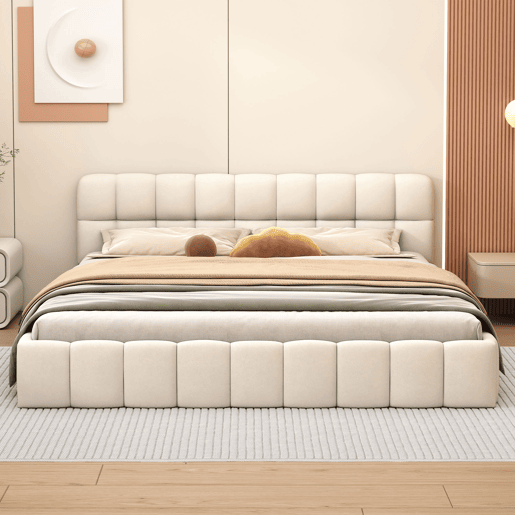 Cama estofada 160x200 cm em tecido de linho com cabeceira acolchoada e estrado de ripas, Cama de casal, bege