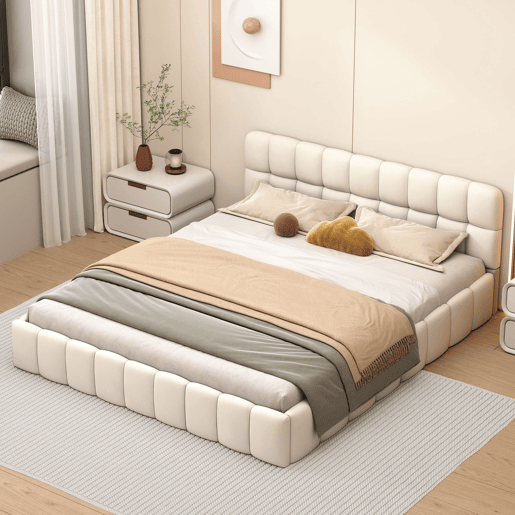 Cama estofada 160x200 cm em tecido de linho com cabeceira acolchoada e estrado de ripas, Cama de casal, bege