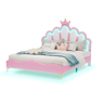 Cama de casal estofada 140x200 cm, cabeceira em formato de coroa, couro PU, cama princesa rosa
