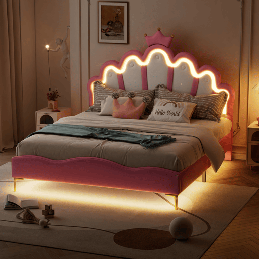 Cama de casal estofada 140x200 cm, cabeceira em formato de coroa, couro PU, cama princesa rosa Cama de casal estofada 140x200 cm, cabeceira em formato de coroa, couro PU, cama princesa rosa