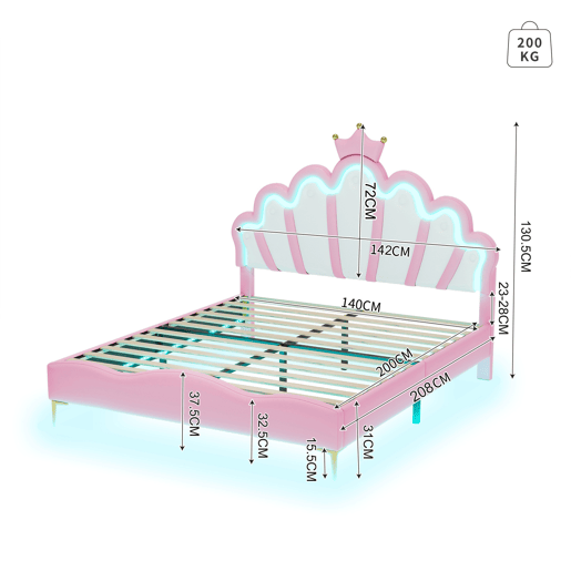 Cama de casal estofada 140x200 cm, cabeceira em formato de coroa, couro PU, cama princesa rosa Cama de casal estofada 140x200 cm, cabeceira em formato de coroa, couro PU, cama princesa rosa