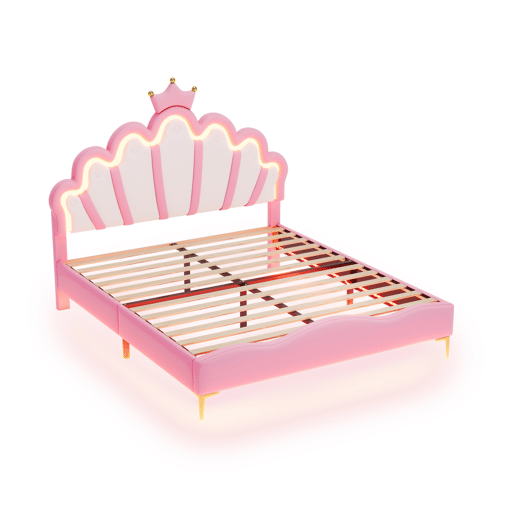 Cama de casal estofada 140x200 cm, cabeceira em formato de coroa, couro PU, cama princesa rosa Cama de casal estofada 140x200 cm, cabeceira em formato de coroa, couro PU, cama princesa rosa