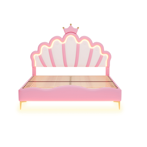 Cama de casal estofada 140x200 cm, cabeceira em formato de coroa, couro PU, cama princesa rosa Cama de casal estofada 140x200 cm, cabeceira em formato de coroa, couro PU, cama princesa rosa