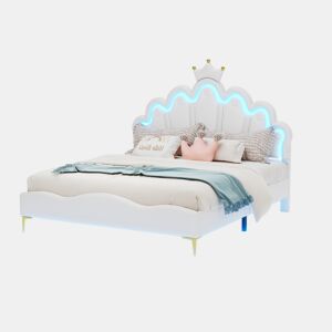 Cama de casal estofada 140x200 cm, cabeceira em forma de coroa, pele PU, cama princesa branca