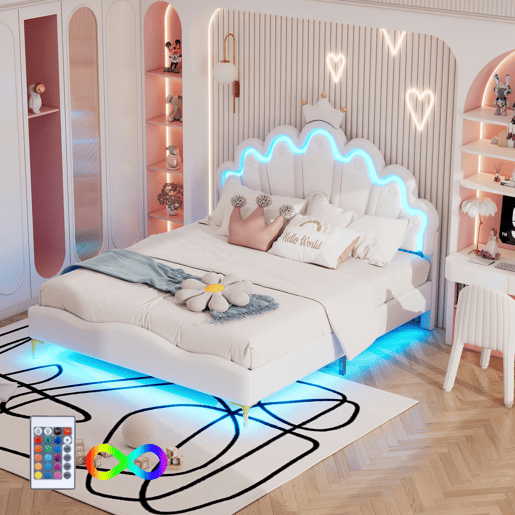 Cama de casal estofada 140x200 cm, cabeceira em forma de coroa, pele PU, cama princesa branca Cama de casal estofada 140x200 cm, cabeceira em forma de coroa, pele PU, cama princesa branca