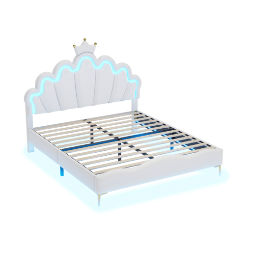 Cama de casal estofada 140x200 cm, cabeceira em forma de coroa, pele PU, cama princesa branca Cama de casal estofada 140x200 cm, cabeceira em forma de coroa, pele PU, cama princesa branca