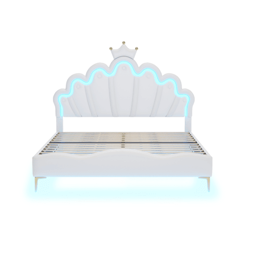 Cama de casal estofada 140x200 cm, cabeceira em forma de coroa, pele PU, cama princesa branca Cama de casal estofada 140x200 cm, cabeceira em forma de coroa, pele PU, cama princesa branca