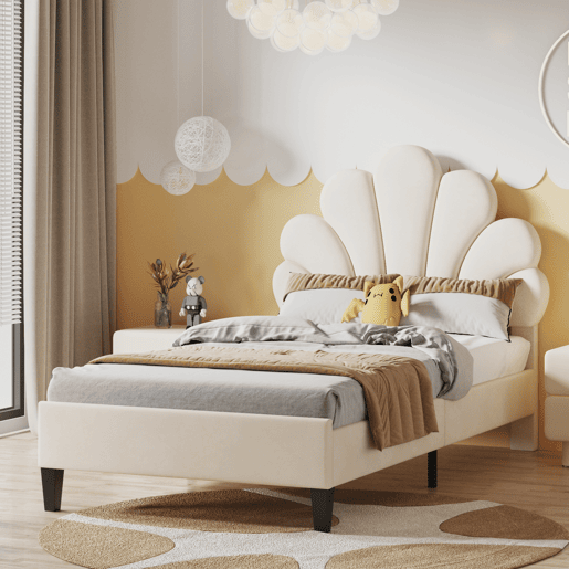 Cama infantil estofada 90x200 cm cabeceira floral, suporte de ripas, veludo, cama juvenil meninas bege Cama infantil estofada 90x200 cm cabeceira floral, suporte de ripas, veludo, cama juvenil meninas bege