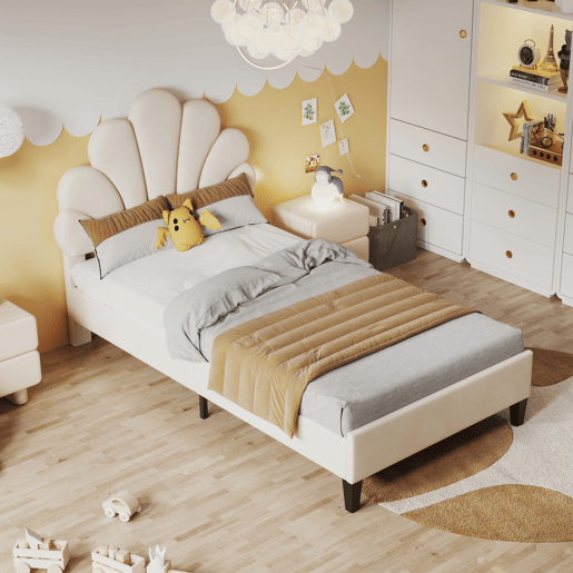 Cama infantil estofada 90x200 cm cabeceira floral, suporte de ripas, veludo, cama juvenil meninas bege Cama infantil estofada 90x200 cm cabeceira floral, suporte de ripas, veludo, cama juvenil meninas bege