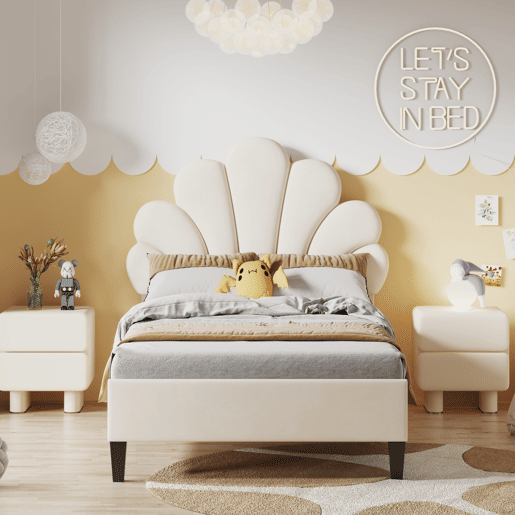 Cama infantil estofada 90x200 cm cabeceira floral, suporte de ripas, veludo, cama juvenil meninas bege Cama infantil estofada 90x200 cm cabeceira floral, suporte de ripas, veludo, cama juvenil meninas bege