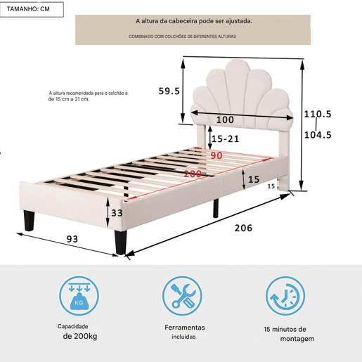 Cama infantil estofada 90x200 cm cabeceira floral, suporte de ripas, veludo, cama juvenil meninas bege Cama infantil estofada 90x200 cm cabeceira floral, suporte de ripas, veludo, cama juvenil meninas bege