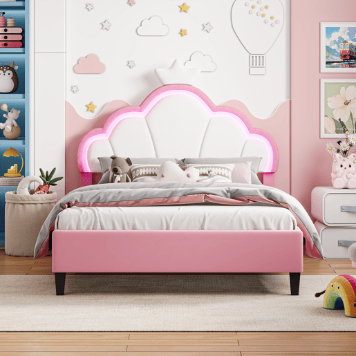 Cama infantil estofada em veludo 140x190 cm, cama princesa coroa, estrutura 140x190 cm com luzes LED Cama infantil estofada em veludo 140x190 cm, cama princesa coroa, estrutura 140x190 cm com luzes LED