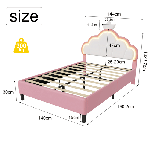 Cama infantil estofada em veludo 140x190 cm, cama princesa coroa, estrutura 140x190 cm com luzes LED Cama infantil estofada em veludo 140x190 cm, cama princesa coroa, estrutura 140x190 cm com luzes LED