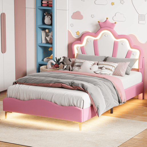 Cama de casal estofada 140x190 cm, cabeceira em formato de coroa, couro PU, cama princesa rosa