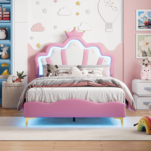 Cama de casal estofada 140x190 cm, cabeceira em formato de coroa, couro PU, cama princesa rosa
