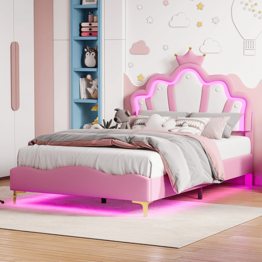 Cama de casal estofada 140x190 cm, cabeceira em formato de coroa, couro PU, cama princesa rosa