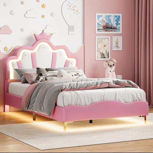 Cama de casal estofada 140x190 cm, cabeceira em formato de coroa, couro PU, cama princesa rosa