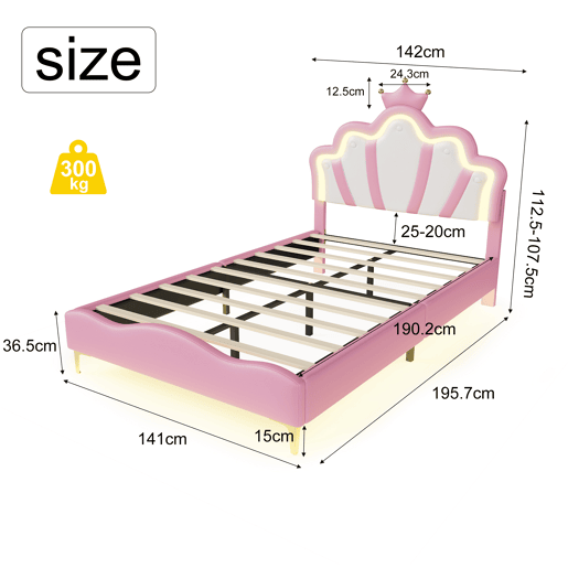 Cama de casal estofada 140x190 cm, cabeceira em formato de coroa, couro PU, cama princesa rosa