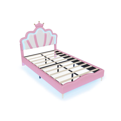 Cama de casal estofada 140x190 cm, cabeceira em formato de coroa, couro PU, cama princesa rosa