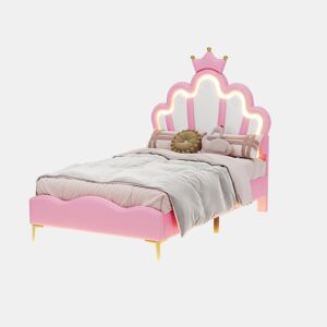 Cama estofada 90x200 cm, cabeceira em forma de coroa, pele PU, cama princesa rosa
