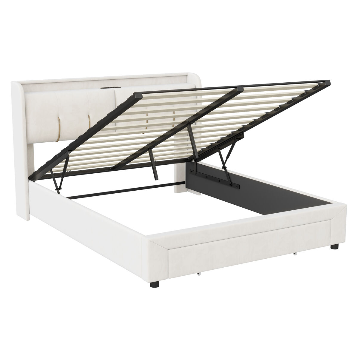 Cama con canapé abatible 140x200 cm, terciopelo, led, 2 usb, 2 enchufes europeos y 1 cajón, beige claro
