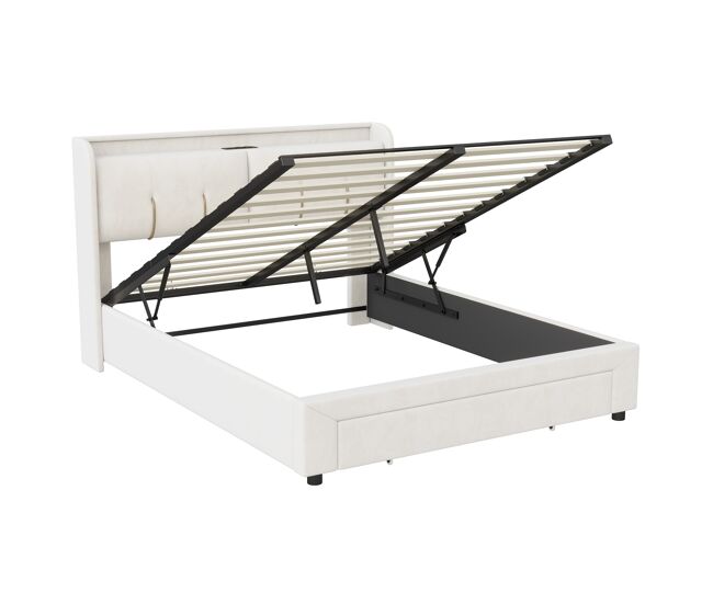 Cama con canapé abatible 140x200 cm, terciopelo, led, 2 usb, 2 enchufes europeos y 1 cajón, beige claro