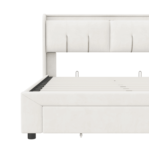 Cama com arrumação elevatória 140x200 cm, veludo, LED, 2 USB, 2 tomadas europeias e 1 gaveta, bege claro