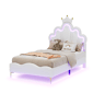 Cama estofada 90x190 cm, cabeceira em formato de coroa, couro PU, cama princesa branca