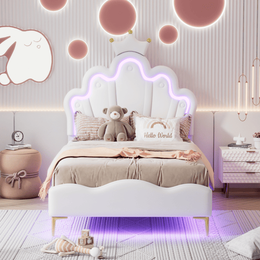 Cama estofada 90x190 cm, cabeceira em formato de coroa, couro PU, cama princesa branca Cama estofada 90x190 cm, cabeceira em formato de coroa, couro PU, cama princesa branca